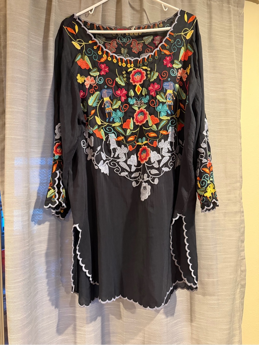 Johnny Was Dark Blue Embroidered Floral Tunic with Multicolor Accents